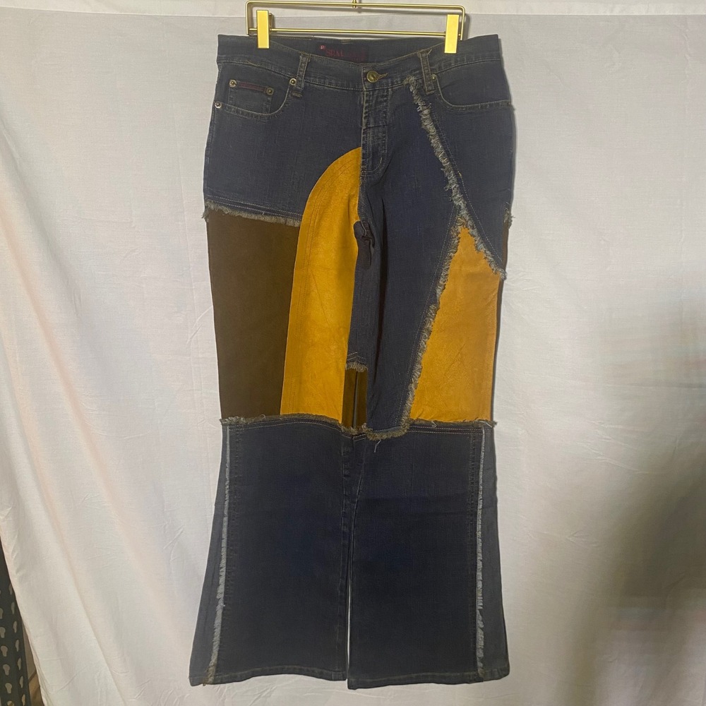 8 PM Jeans Womens Patchwork‎ Denim Suede Leather Flare Jeans Size L NWT